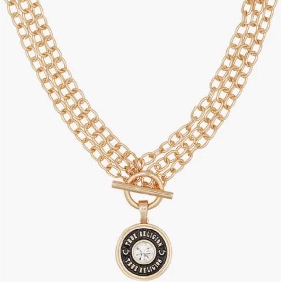 NWT True Religion Double Chain Gold Necklace With Logo Pendant - Picture 2 of 6